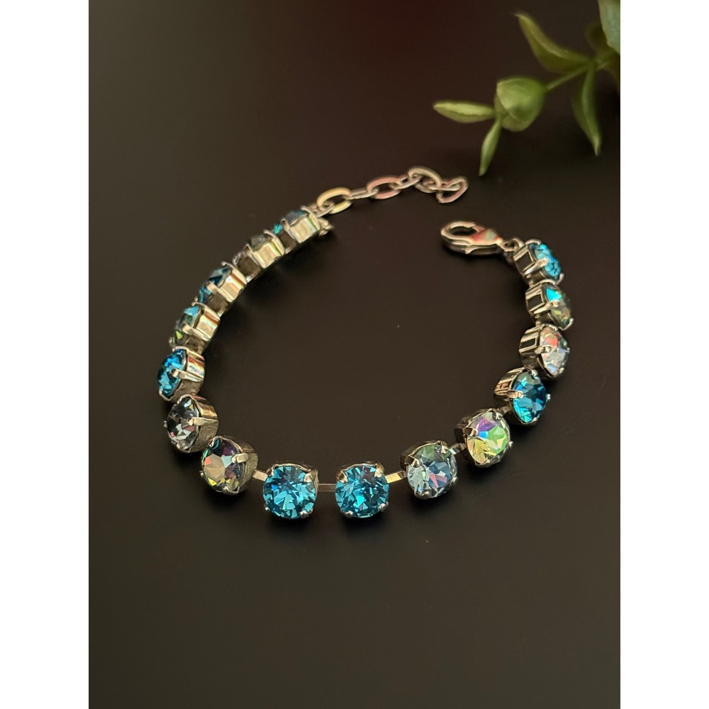 Blue Crystal Tennis Bracelet Silver Tone Adjustable 7-9 Inch Aurora Borealis - Picture 5 of 10